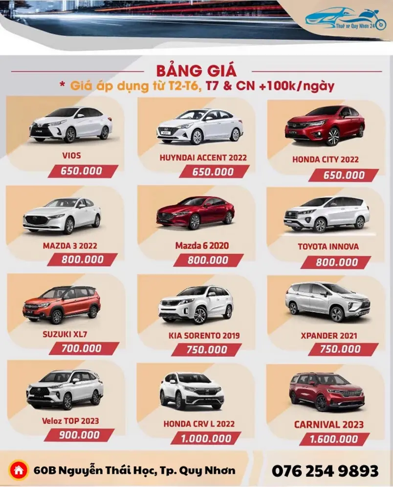 Hinh anh ve bang gia thue o to tu lai tai Quy Nhon